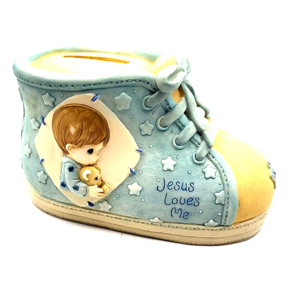 PRECIOUS MOMENTS Jesus Loves Me Ceramic Shoe Coin Bank Blue Yellow Vintage 1999